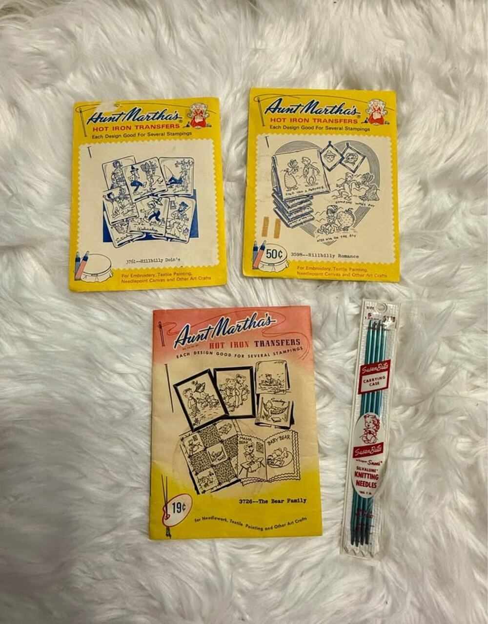 Vintage Lot-Aunt Martha’s Hot Iron on Transfers & Susan Bates Knitting Needles